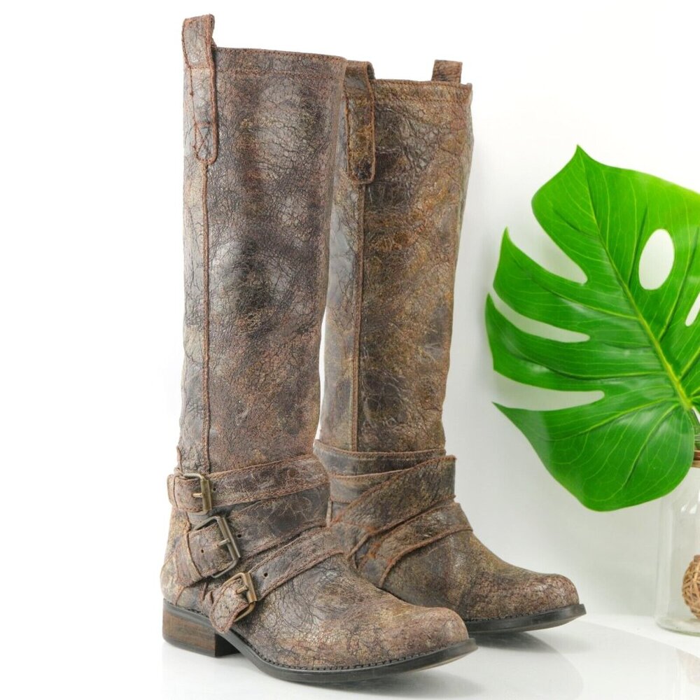 Steve‎ Madden Womens Brodiee Riding Boot Size 9.5 Brown Tan Crackle Distressed